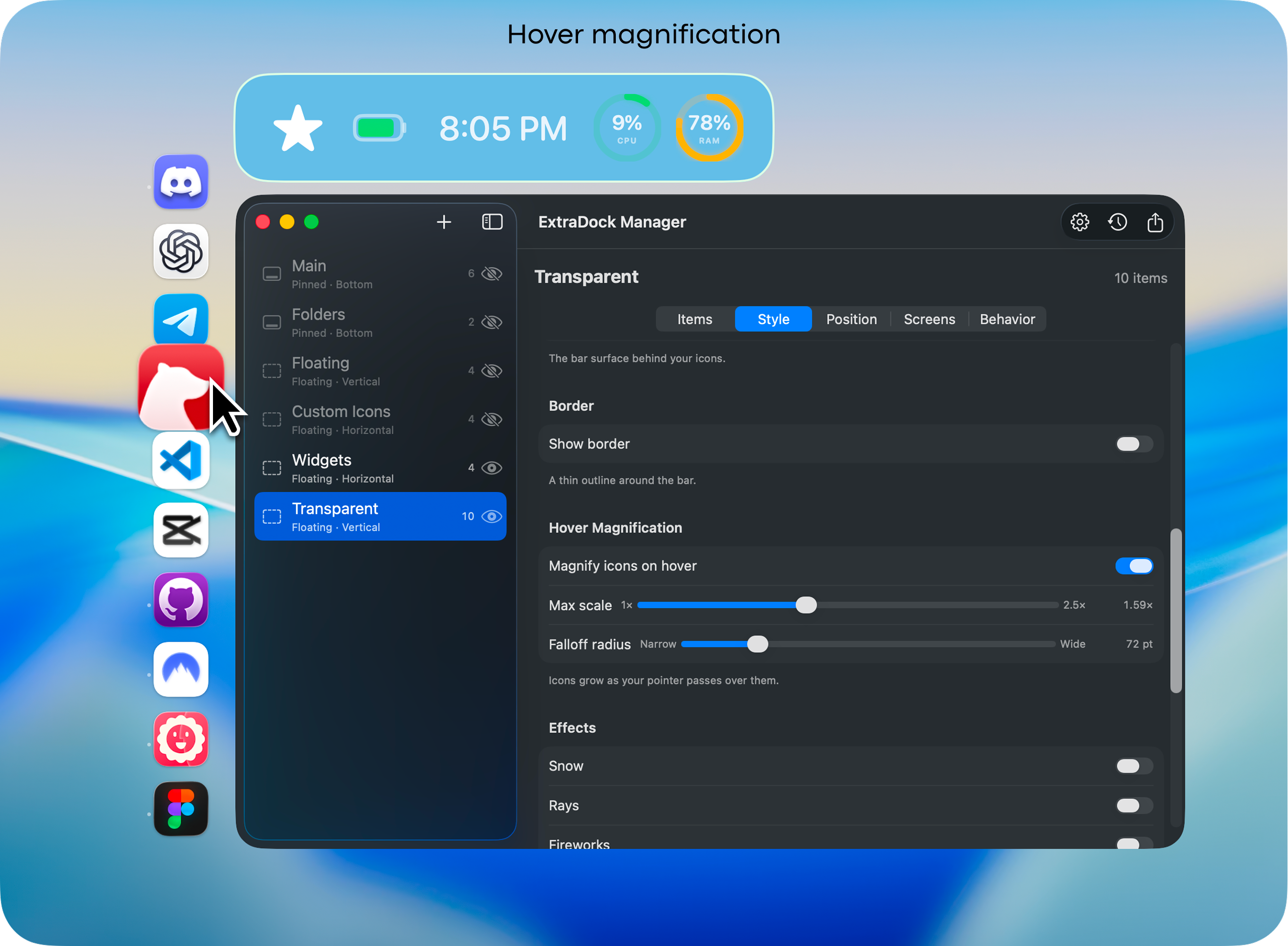 ExtraDock hover magnification settings